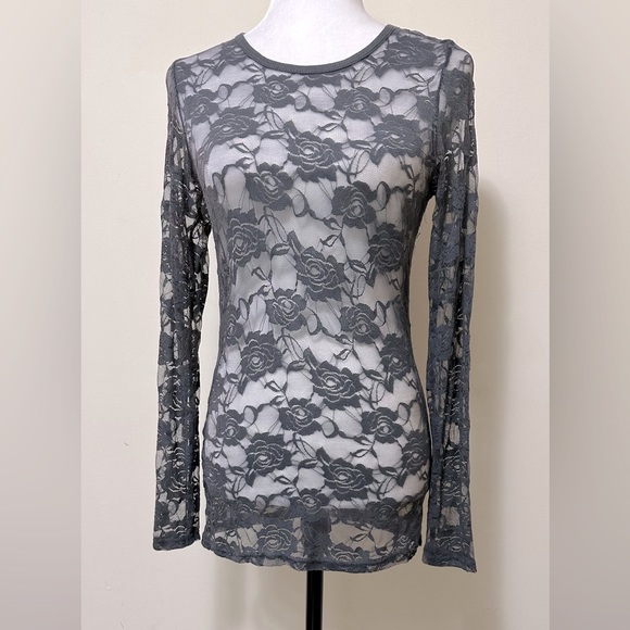 Color Story Sexy Sheer Gray Lace Roses Stretch Top Long Sleeves Pullover Top S/M - Picture 5 of 15